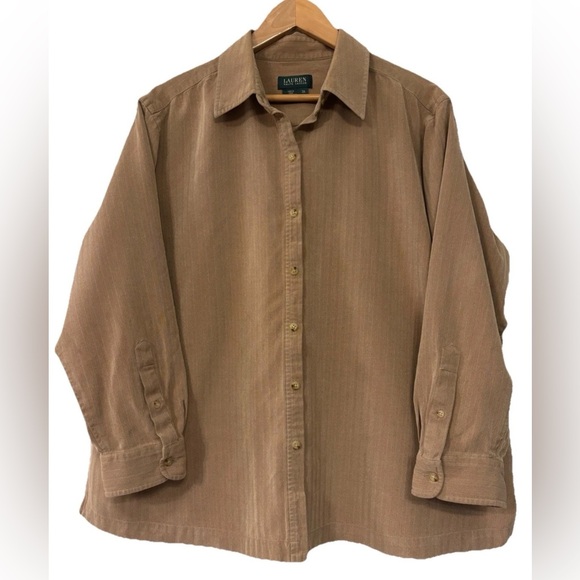 Women’s Lauren Ralph Lauren 3X Brown Herringbone Silk Cotton Button - Picture 1 of 9